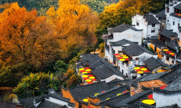 篁嶺古村的徽派民居沿山勢錯落,秋日屋簷曬滿農作物 篁嶺古村的徽派民居沿山勢錯落,秋日屋簷曬滿農作物
