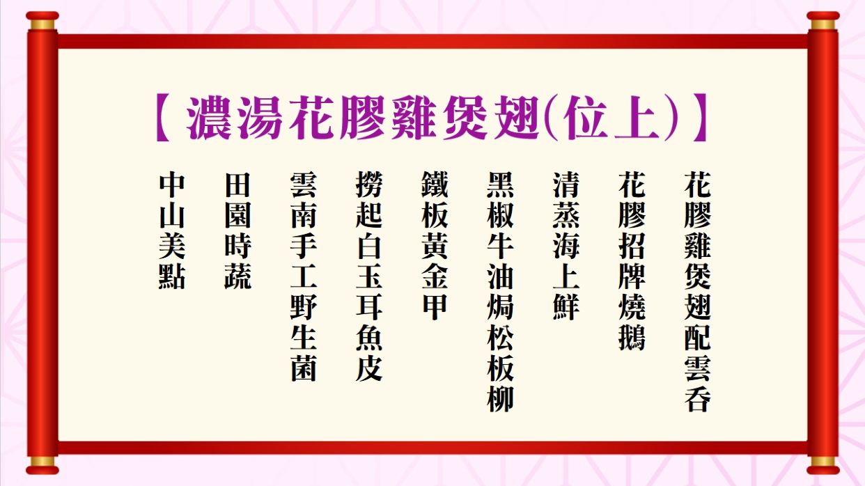 濃湯花膠雞煲翅(位上)