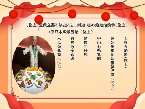堂做金湯石鍋翅(位上)(足三両翅)+黃金鮑魚扣鵝掌(位上)+木瓜燉雪蛤(位上)