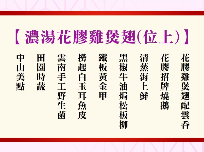 濃湯花膠雞煲翅(位上)