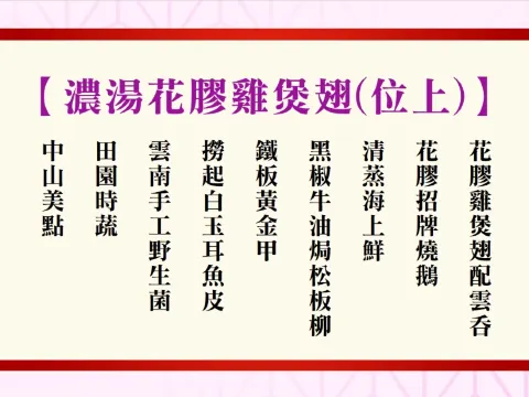 濃湯花膠雞煲翅(位上)