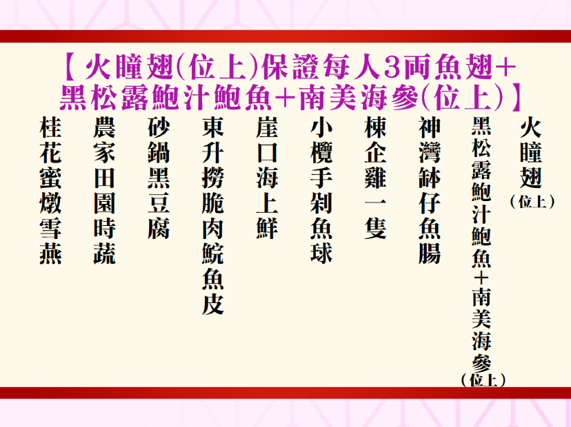 火瞳翅(位上)保證每人3両魚翅+黑松露鮑汁鮑魚+南美海參(位上)】