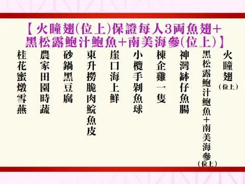 火瞳翅(位上)保證每人3両魚翅+黑松露鮑汁鮑魚+南美海參(位上)】