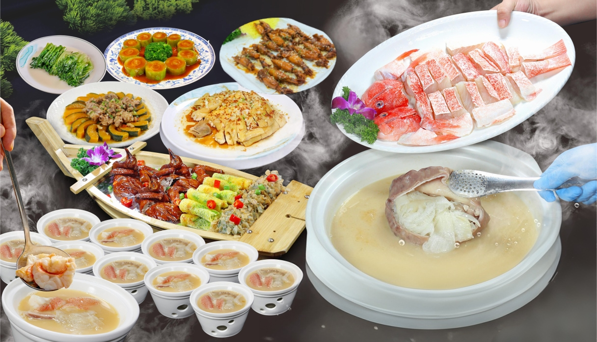 白玉藏珍豬肚包魚翅+過橋東升斑位上