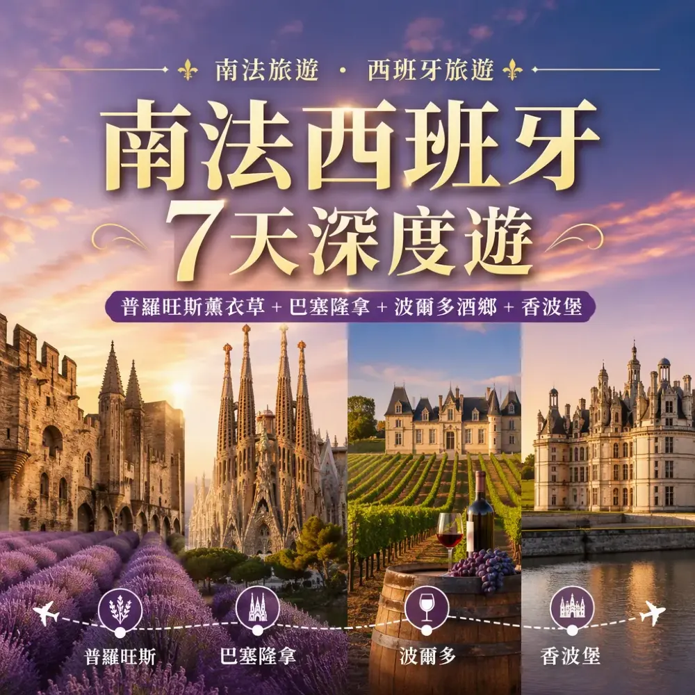 南法西班牙7天深度遊｜普羅旺斯薰衣草+巴塞隆拿+波爾多酒鄉+香波堡